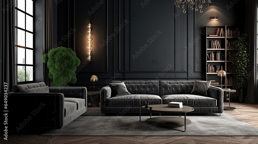 Obraz premium Dark living room interior with luxury gray sofa