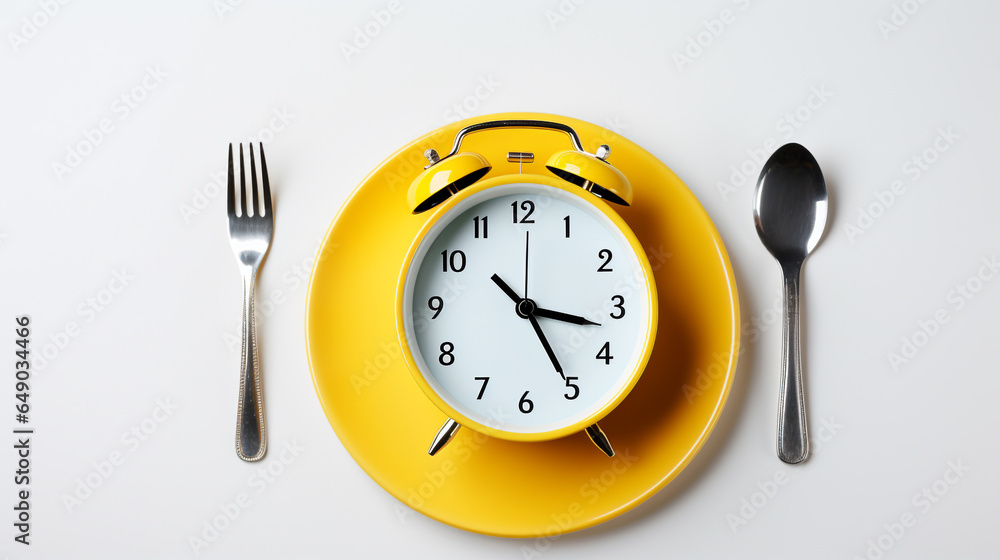 Top view alarm clock on lunch plate with knife and fork on table background. Intermittent fasting, Ketogenic dieting, weight loss, meal plan and healthy food concept Top view alarm clock on lunch plate with knife and fork on table background. Intermittent fasting, Ketogenic dieting, weight loss, meal plan and healthy food concept