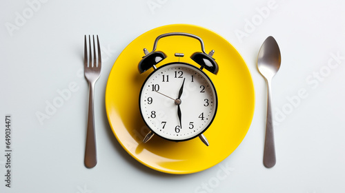Top view alarm clock on lunch plate with knife and fork on table background. Intermittent fasting, Ketogenic dieting, weight loss, meal plan and healthy food concept