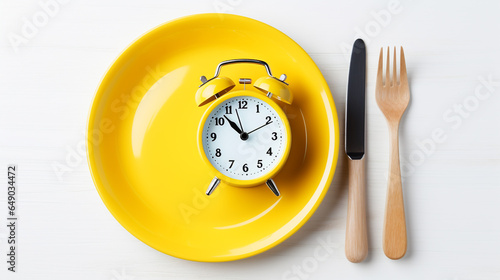 Top view alarm clock on lunch plate with knife and fork on table background. Intermittent fasting, Ketogenic dieting, weight loss, meal plan and healthy food concept