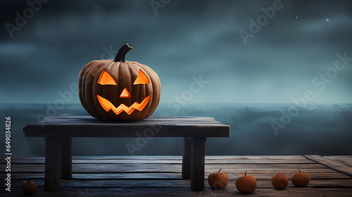 A spooky Halloween Jack O' Lantern with a menacing face and eerie eyes placed on a wooden bench or table. The misty gray coastal night serves as a mysterious background