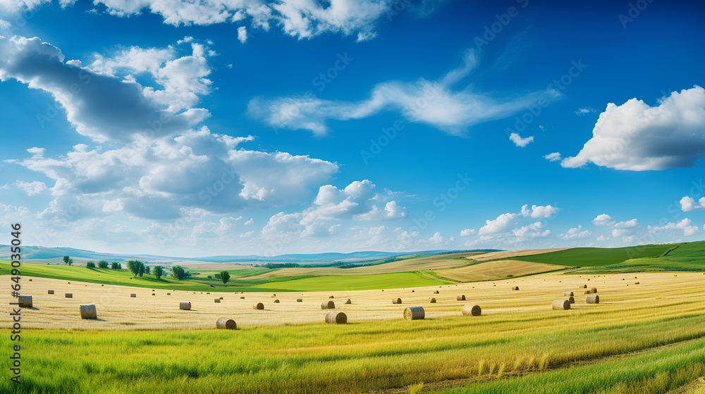 A panoramic natural landscape showcasing lush green grass, a golden field of harvested wheat with bales, and a picturesque blue sky adorned with clouds. This colorful summer panorama harmoniously comb