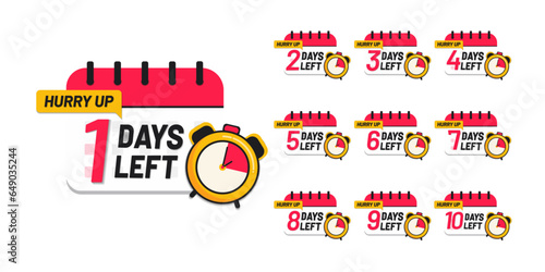 Day left numbers countdown collection vector reminder calendar template with clock label logo illustration. 0, 1, 2, 3, 4, 5, 6, 7, 8, 9,