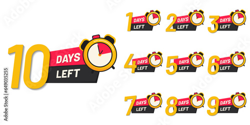 Days left number countdown set vector reminder calendar template with clock label logo illustration. 0, 1, 2, 3, 4, 5, 6, 7, 8, 9,