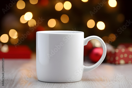 Blank white mug mockup on wooden table with christmas tree lights bokeh background. Holiday template composition with decoration. Copy space.