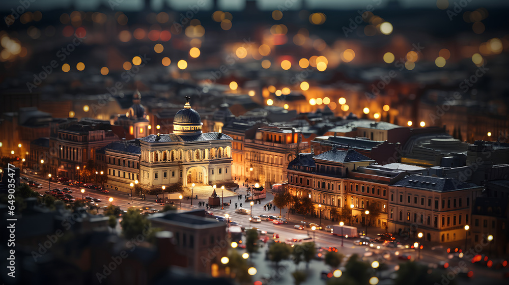 The cityscape of Barcelona, with its streets illuminated by night lights, featuring a tilt-shift effect that transforms it into a miniature European city skyline background.