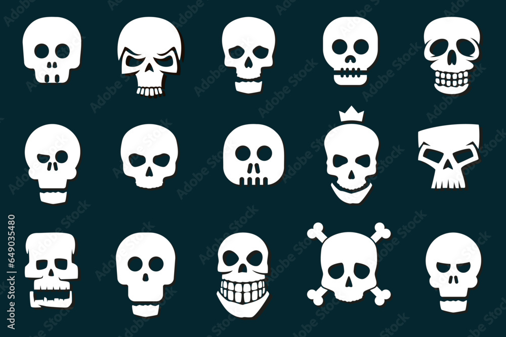 Cartoon skull icons for Halloween. Warning skull logo collection. Cartoon skull icons