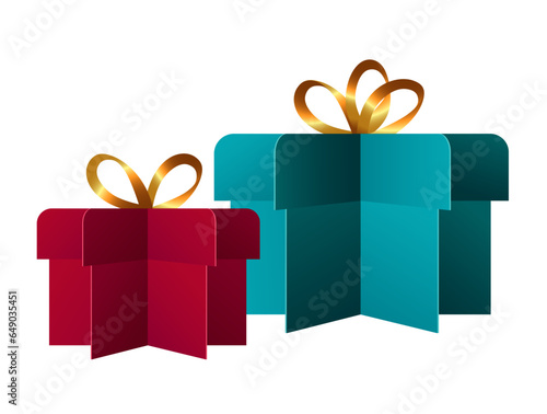 Two gift boxes. Red and Blue paper cut presents with gold bows. For greeting card, sales design, banner, web illustration, icon, or logo. Vector illustration EPS 10
