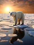 Polar bear standing on melting ice, snowy terrain and sunset