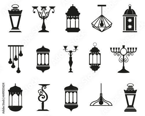 Candlestick lamp icons for religion celebration. Traditional candlestick icons