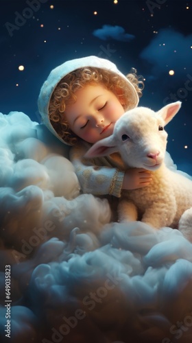 A little girl is holding a lamb in the clouds