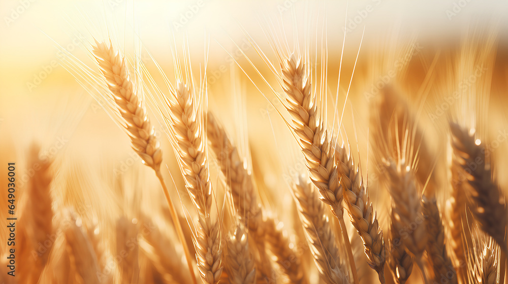 Ripe rye spikes in sunlight, close-up. Golden wheat field at sunset. Ripe rye spikes in sunlight, close-up. Golden wheat field at sunset.