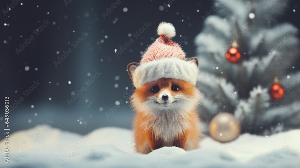 A little fox wearing a santa hat in the snow A little fox wearing a santa hat in the snow