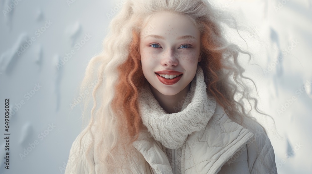 A woman with long red hair wearing a white jacket A woman with long red hair wearing a white jacket