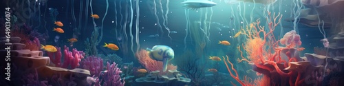 A painting of an underwater scene with fish and corals photo