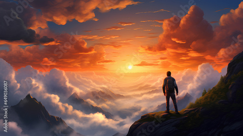 A realistic scene depicting a sunset with the silhouette of a man atop a mountain, set against a backdrop of sun-drenched skies adorned with clouds.