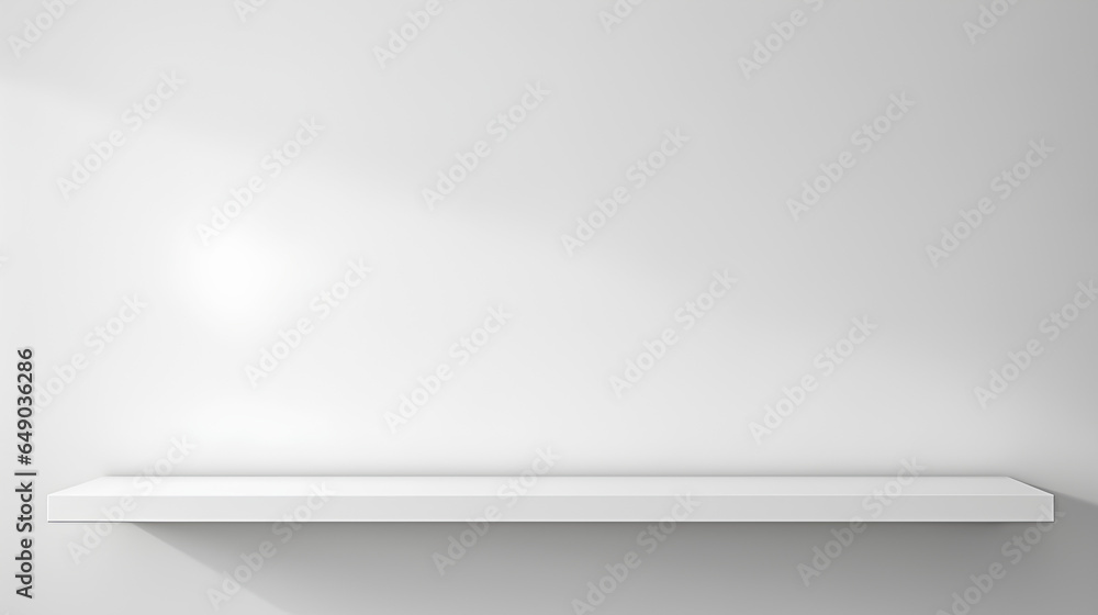 A versatile and minimalistic background perfect for product presentations, showcasing a white empty shelf against a light gray wall. A versatile and minimalistic background perfect for product presentations, showcasing a white empty shelf against a light gray wall.
