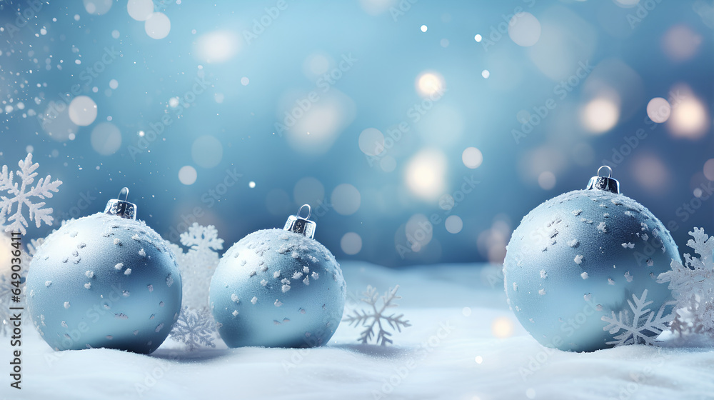 A winter background adorned with Christmas toys nestled in the snow, accompanied by snowflakes, beautiful lighting, and bokeh against a twilight blue sky. This composition offers ample copy space and A winter background adorned with Christmas toys nestled in the snow, accompanied by snowflakes, beautiful lighting, and bokeh against a twilight blue sky. This composition offers ample copy space and