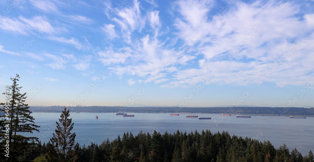 Cargo ships waiting for entrance to the harbor