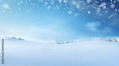 Snowy Christmas forest with defocused lights on light blue background, copy space.