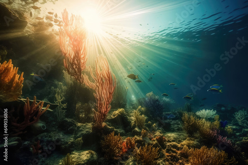 Animals of the underwater world with sun rays. Coral reef and fish. Generative AI © barmaleeva