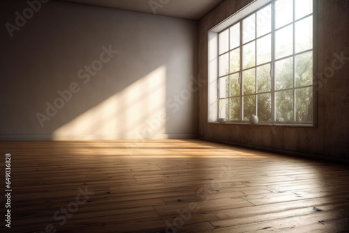 Living room with sunlight shine through a sliding door  wooden floor  gray wall. Generative AI