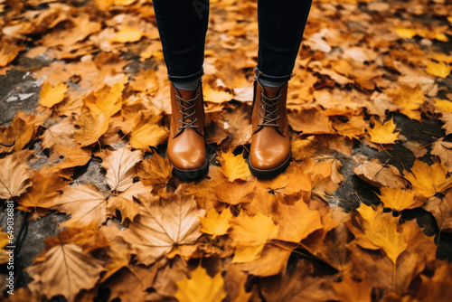 Legs in boots on the autumn leaves. Feet shoes walking in nature. AI generated