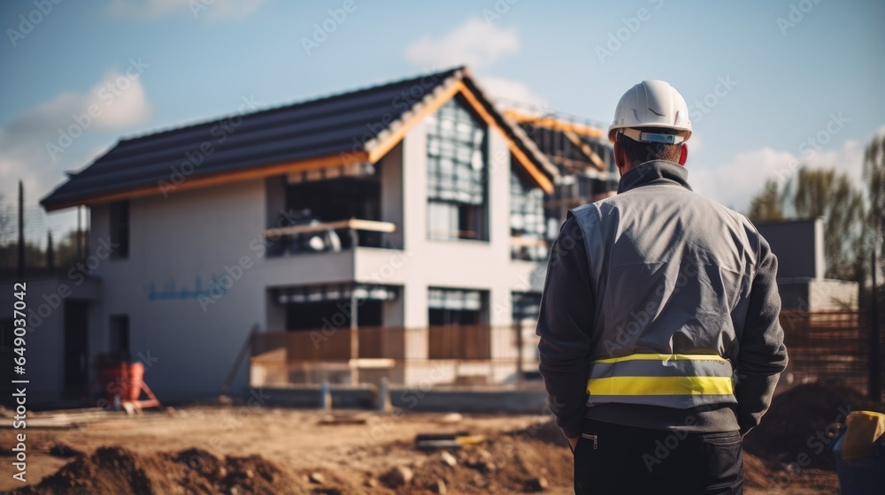 Architect worker standing in front of house construction area, back view, generative ai