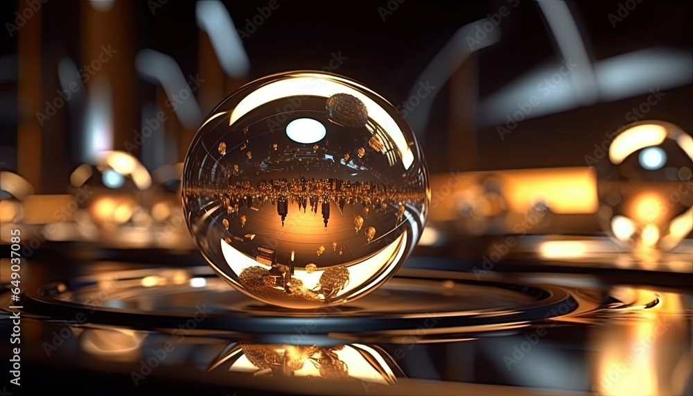Metal sphere with reflection on dark backdrop. Abstract background.