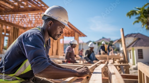 Builders working on a construction area with wood structures of house, generative ai