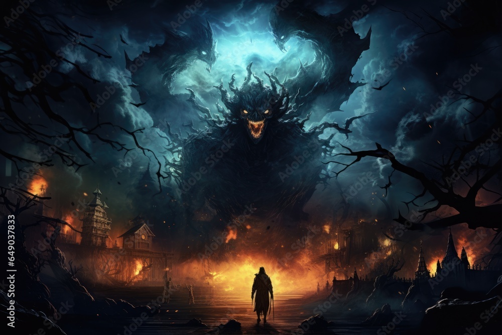 Fantasy Adventure: Battle Against a Terrifying Monster in the Night. Featuring Fire, Smoke, and Magic with Artistic Depictions of People and Horror of War