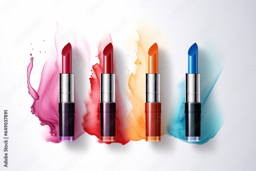 Different colors lipstick set on white background. AI generated - obrazy, fototapety, plakaty 
