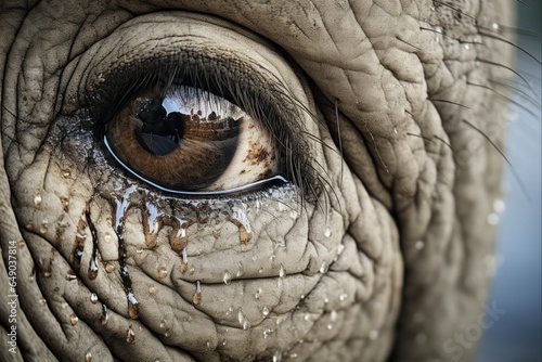 Elephant Eye Detail with a Tear. Macro Closeup of Old Sad Elephant Weeping on Safari © Alona