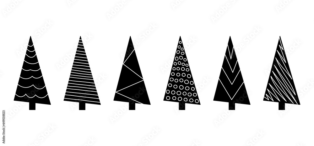 Christmas tree, xmas vector icon. New Year fir and pine set. Black silhouettes isolated on white background. Holiday illustration