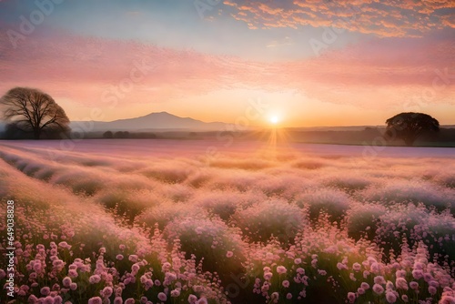 an awe-inspiring scenery depicting a sunrise over a field of blossoming flowers - AI Generative