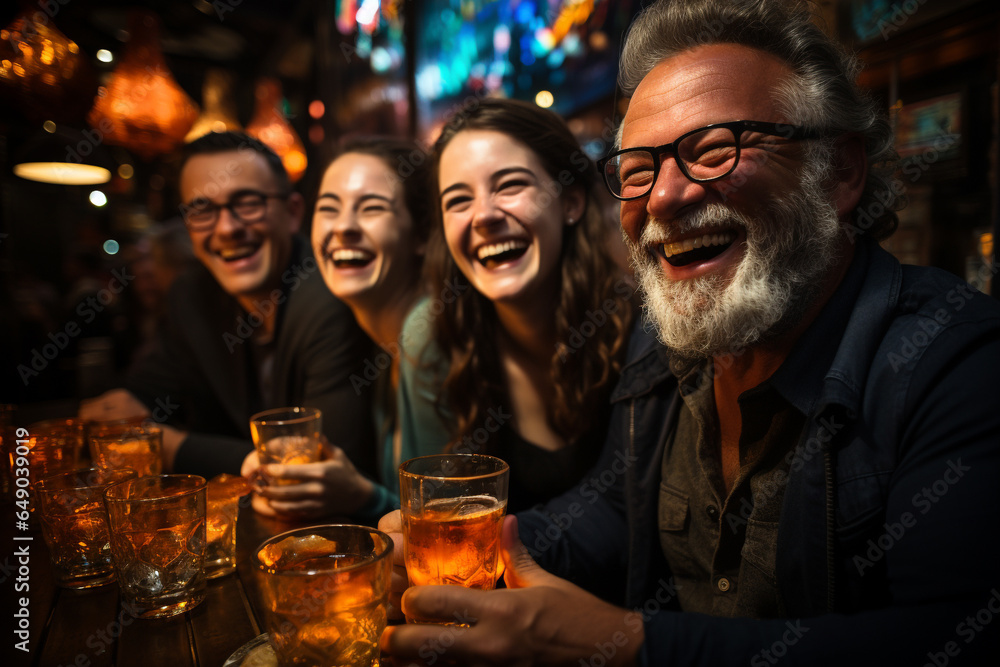 A lively group of people smiles and laughs, gathering around a bar to celebrate with drinks in hand, reveling in the joy of a night of revelry A lively group of people smiles and laughs, gathering around a bar to celebrate with drinks in hand, reveling in the joy of a night of revelry