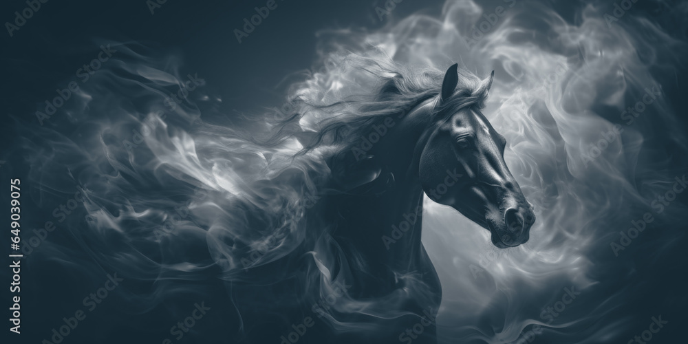 Horse in the dark with fire and smoke. Panoramic banner.