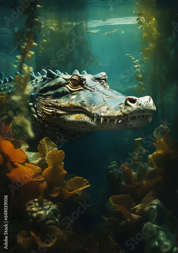 Close-up of a Scary Menacing Crocodile (Crocodylidae) Head Swimming Through Colorful Aquatic Plants Underwater - Signifying Imminent Danger and Stealth. Generative AI.