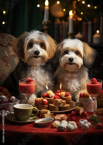 Cute little dogs in a Christmas costume on a Christmas card. New Year card. christmas atmosphere © Anastasiia