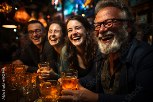 A lively group of people smiles and laughs, gathering around a bar to celebrate with drinks in hand, reveling in the joy of a night of revelry