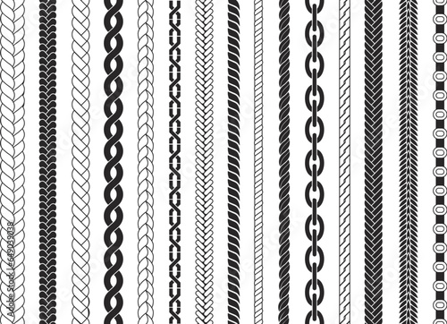 Braids seamless pattern. Braid brushes decorative elements for design. Ropes and chains textures, strings knitted decent vector decorations