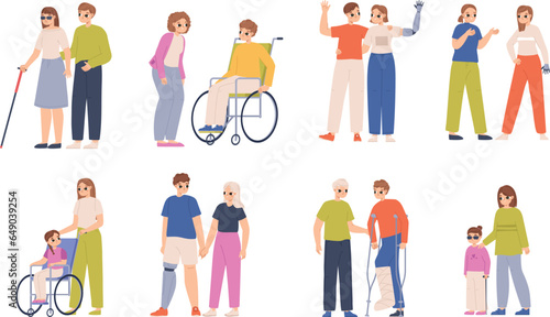 Disabilities and friends or family. Adults and children with special needs. Cartoon diverse teenagers and young adults. Friendship snugly vector scenes © MicroOne