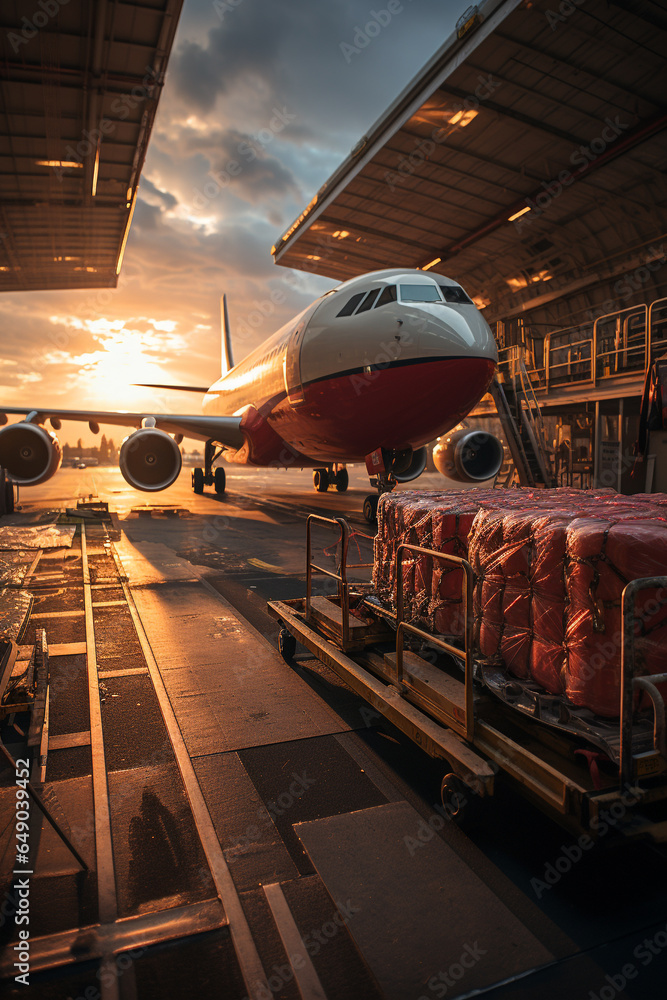 Transport plane at the airport. Workers load goods and cargo onto the plane. Cargo pallets. Air freight. - obrazy, fototapety, plakaty 