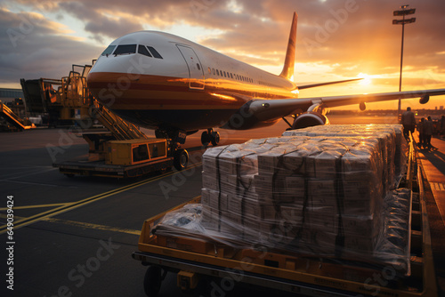 Transport plane at the airport. Workers load goods and cargo onto the plane. Cargo pallets. Air freight.