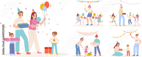 Congratulations kids. Birthday party scenes, adults with gifts and present boxes. First anniversary with confetti, cake and garlands snugly vector set