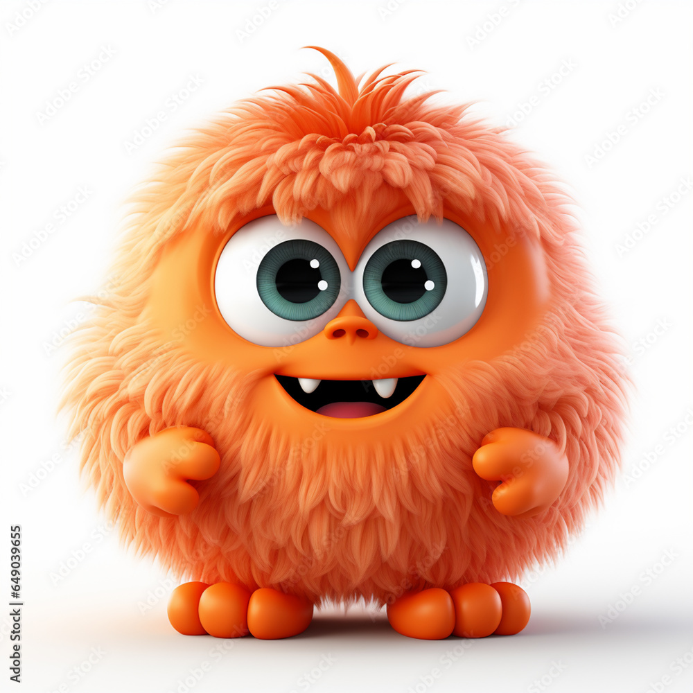 Close-Up Portrait of Happy and Cute Fuzzy 3D Little Monster in Vibrant Orange - Ideal for Kids and Digital Art. Generative AI.