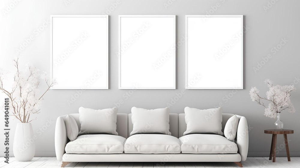 Blank canvas frame mockup on gray wall. White living room design. View of modern scandinavian style interior with artwork mock up on wall. Home staging and minimalism concept Blank canvas frame mockup on gray wall. White living room design. View of modern scandinavian style interior with artwork mock up on wall. Home staging and minimalism concept