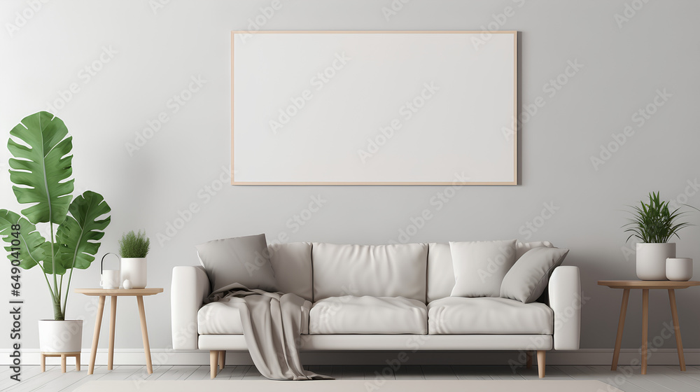 Blank canvas frame mockup on gray wall. White living room design. View of modern scandinavian style interior with artwork mock up on wall. Home staging and minimalism concept Blank canvas frame mockup on gray wall. White living room design. View of modern scandinavian style interior with artwork mock up on wall. Home staging and minimalism concept
