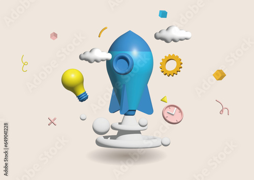 Space rocket, spaceship or spacecraft Concept of financial startup project launch, business gain, earning or profit. 3D cartoon vector illustration for poster banner.