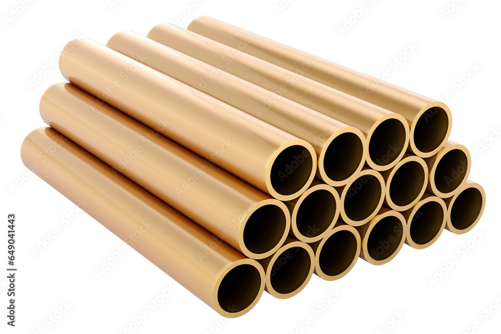 Copper pipes, brass tubes or bronze pipes, 3D rendering isolated on transparent background Copper pipes, brass tubes or bronze pipes, 3D rendering isolated on transparent background